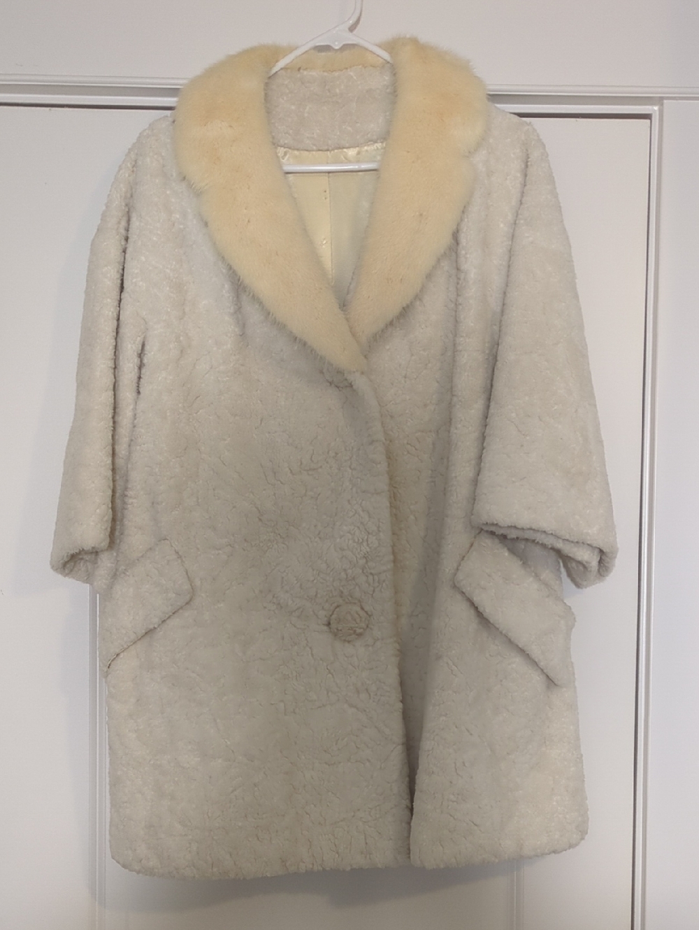 Women's Cream Faux Shearling Coat with Pale Cream Fur Collar